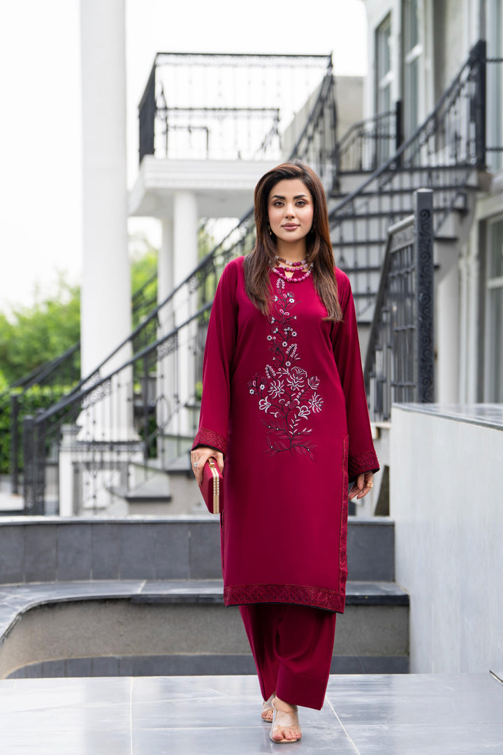 Embroidered Linen Maroon Stitched Suit - Raqsam