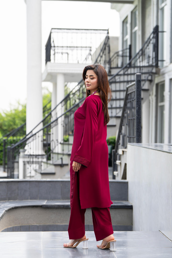 Embroidered Linen Maroon Stitched Suit - Raqsam