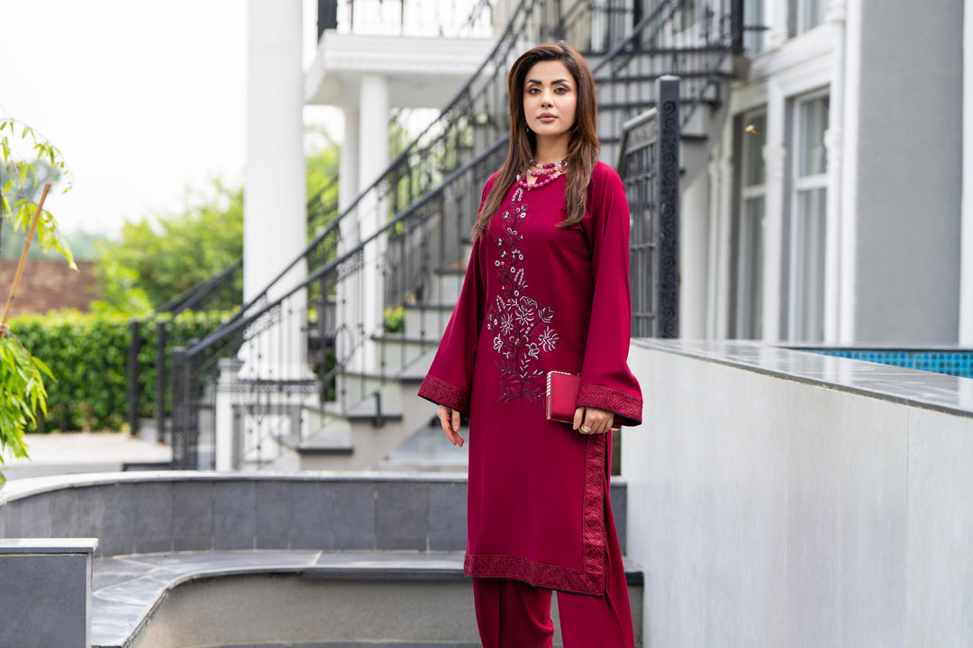 Embroidered Linen Maroon Stitched Suit - Raqsam