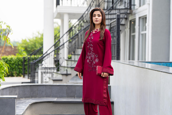 Embroidered Linen Maroon Stitched Suit - Raqsam