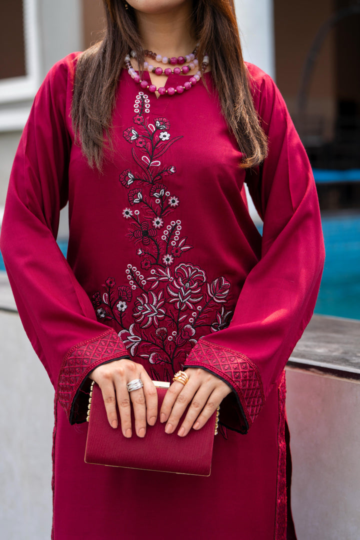 Embroidered Linen Maroon Stitched Suit - Raqsam