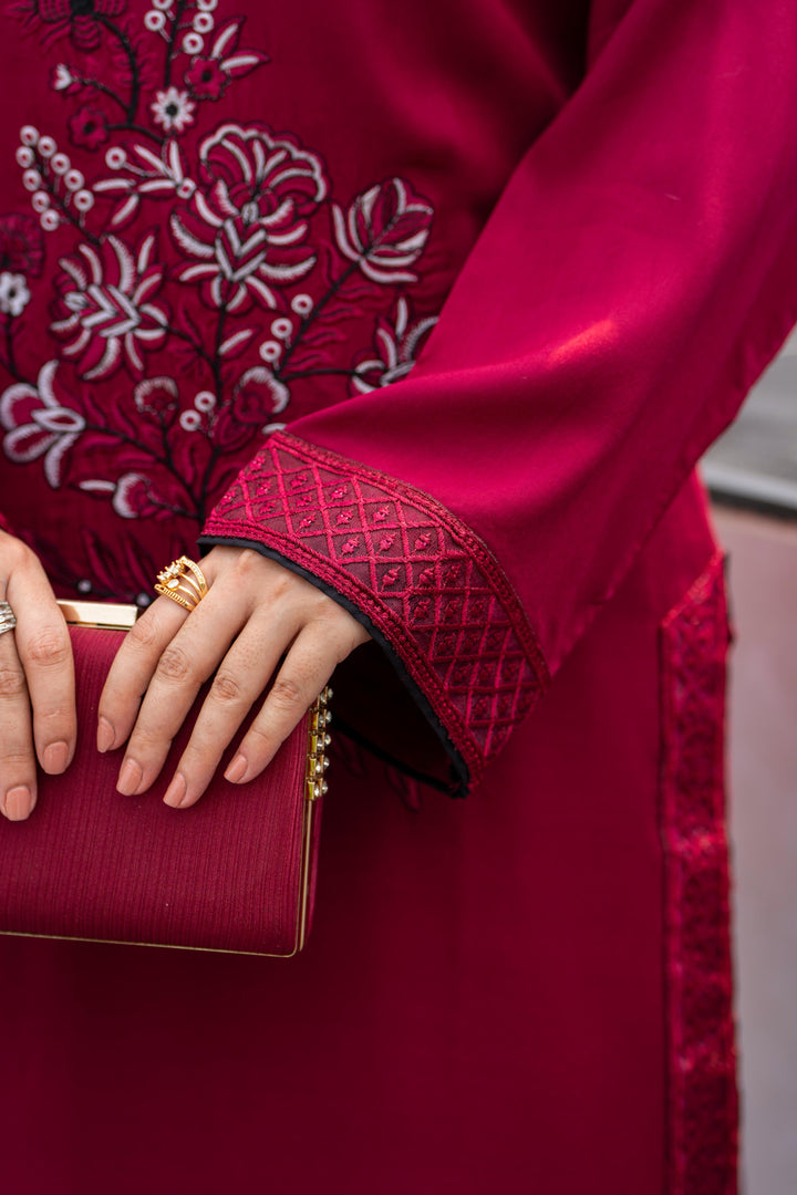 Embroidered Linen Maroon Stitched Suit - Raqsam