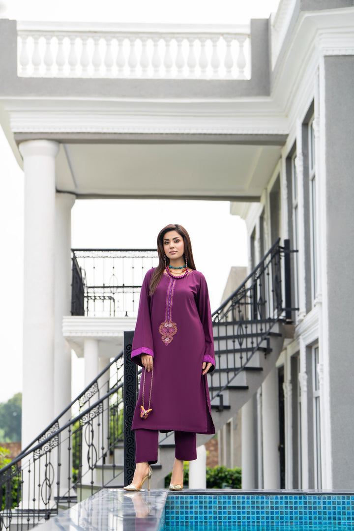 Embroidered Linen Purple Stitched Suit - Raqsam