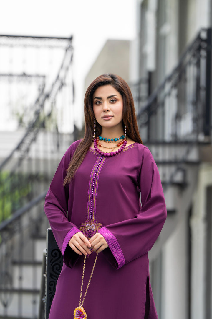 Embroidered Linen Purple Stitched Suit - Raqsam
