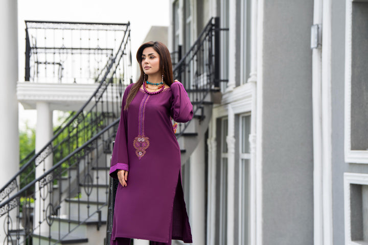 Embroidered Linen Purple Stitched Suit - Raqsam