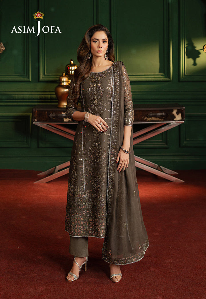 Embroidered Chiffon Brown Stitched Suit - Asim Jofa