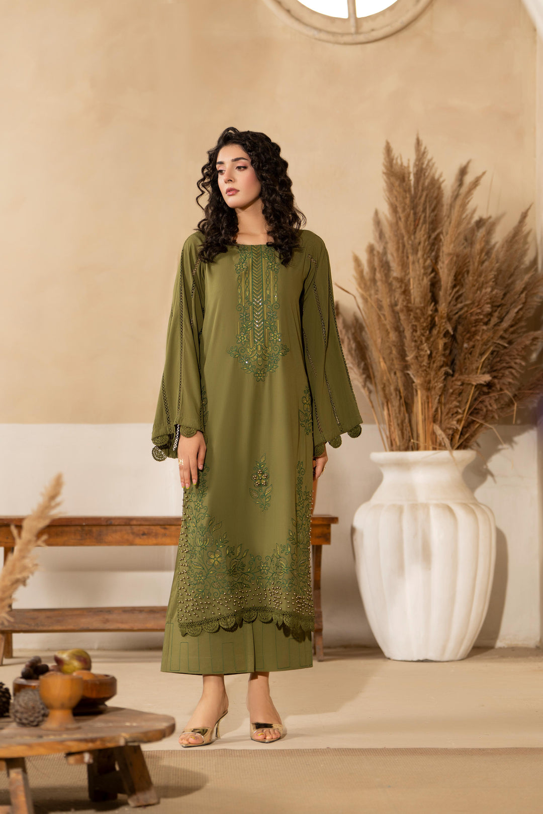 Linen Olive Green Stitched Suit  - Raqsam