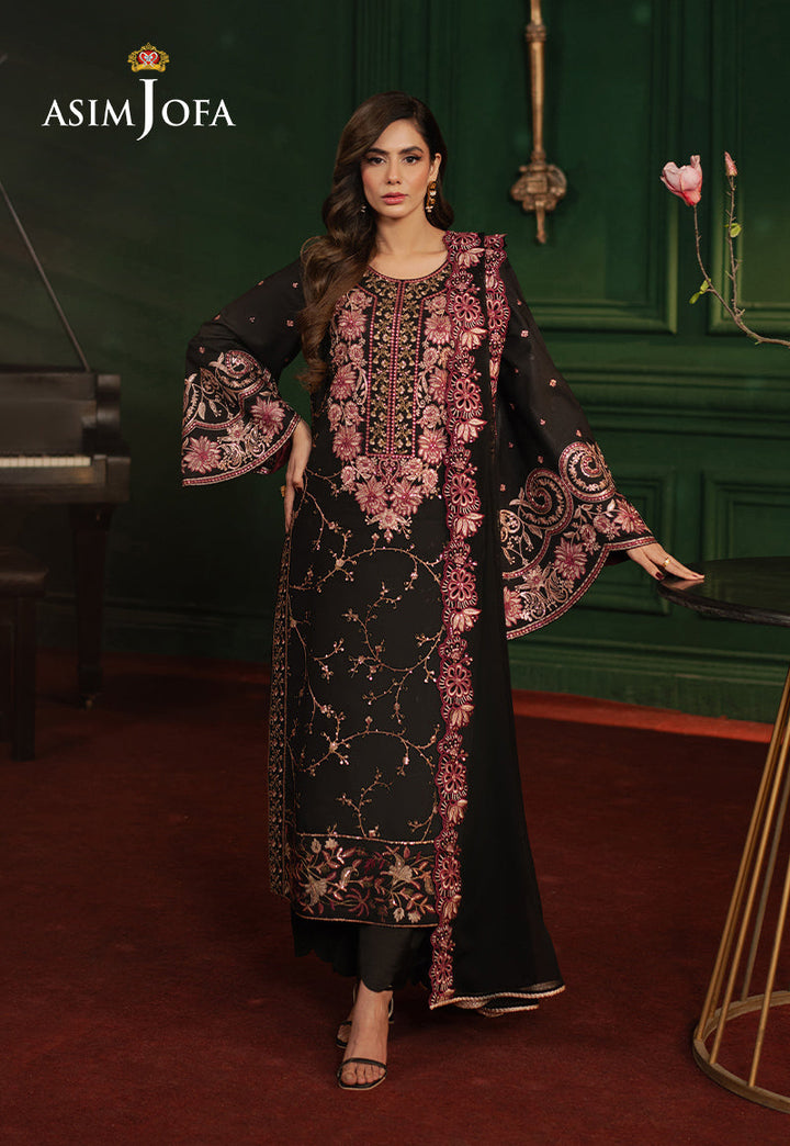 Embroidered Silk Black Stitched Suit - Asim Jofa