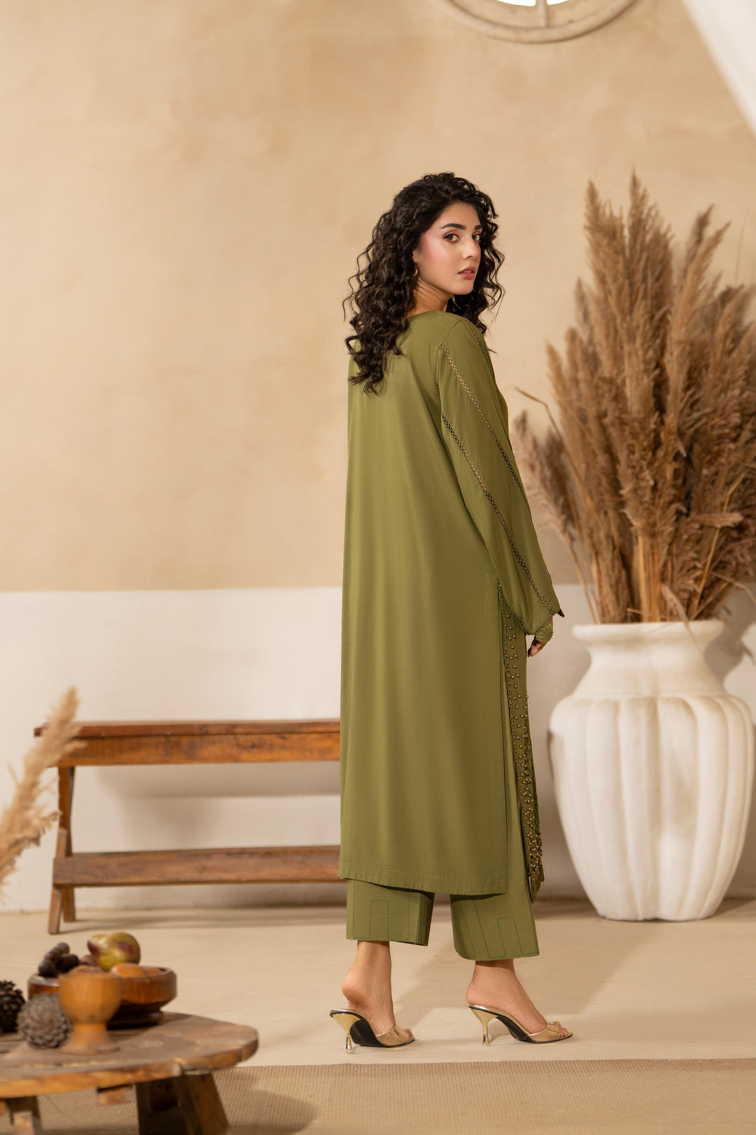 Linen Olive Green Stitched Suit  - Raqsam