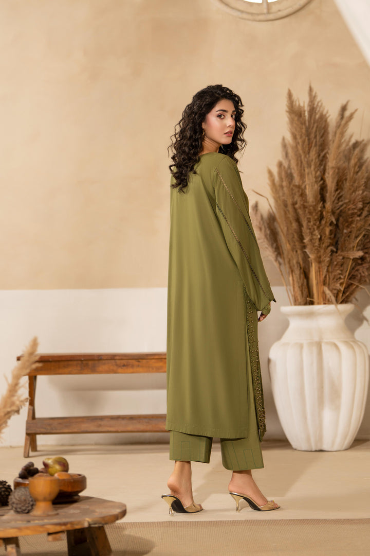 Linen Olive Green Stitched Suit  - Raqsam