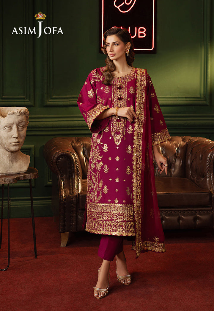 Embroidered Lawn Silk Purple Stitched Suit - Asim Jofa