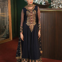 Embroidered Net Navy Blue Stitched Suit - Asim Jofa