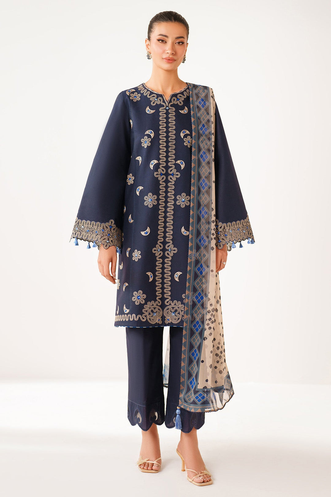 Embroidered Lawn Navy Blue Stitched Suit - Jazmin