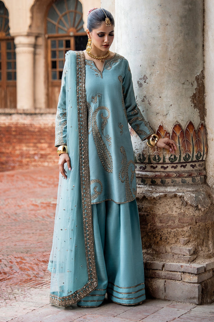 Embroidered Raw Silk Sky Blue Stitched Suit - Charizma