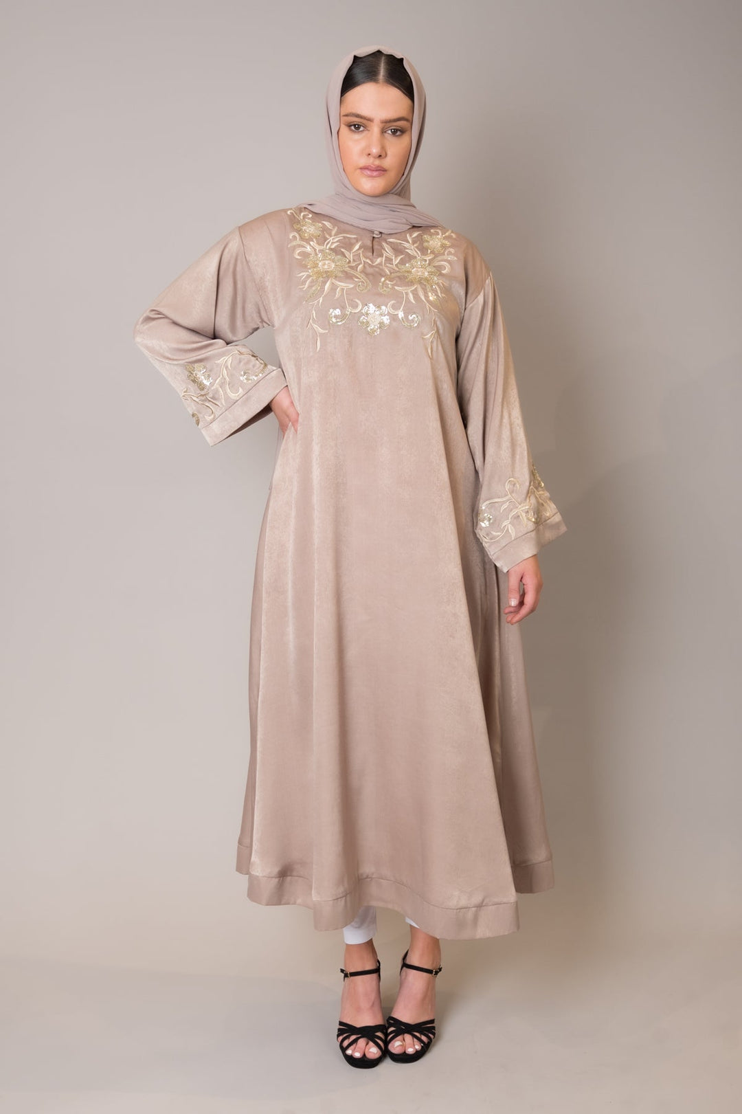 Beige Embroidered Midi Dress