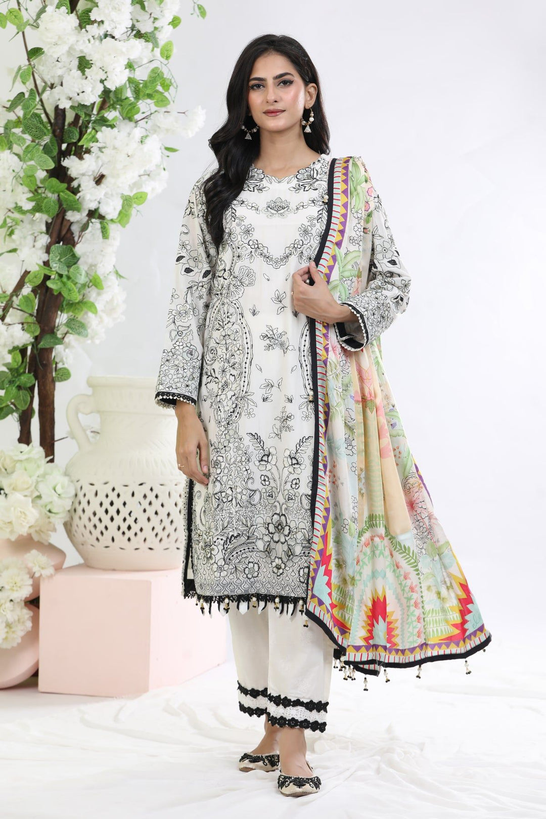 Off White 3 Piece Suit - Elan Luxury Lawn