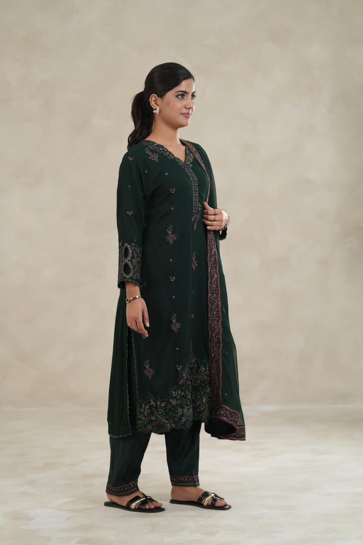 Embroidered Chiffon Bottle Green Stitched Suit - Azure