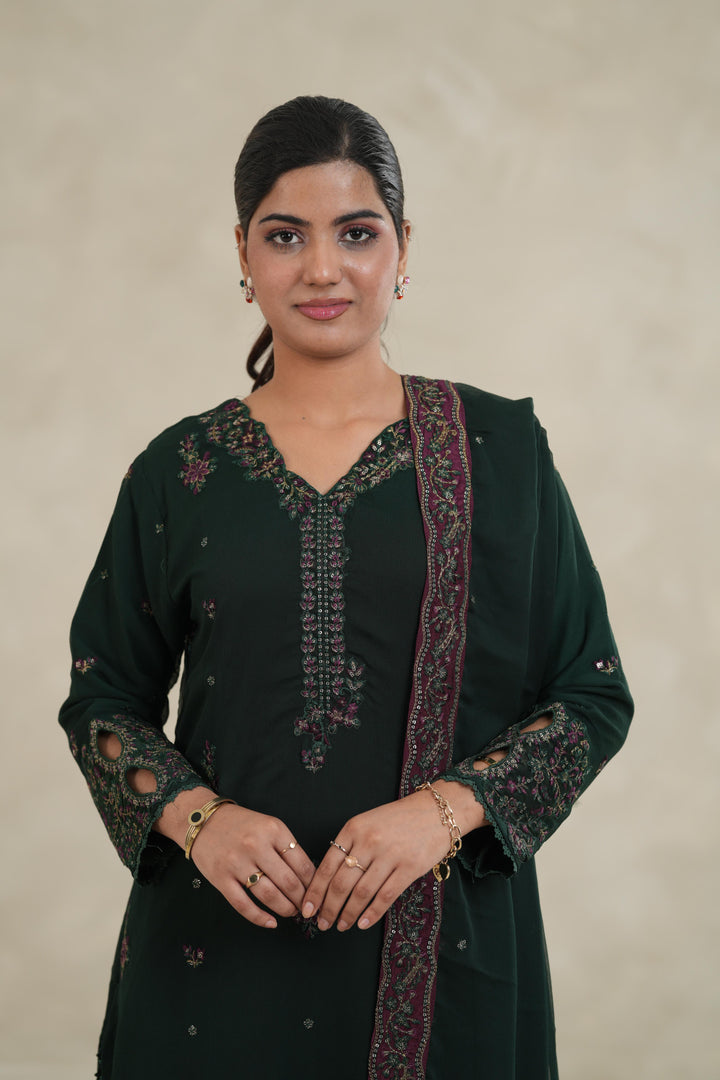 Embroidered Chiffon Bottle Green Stitched Suit - Azure
