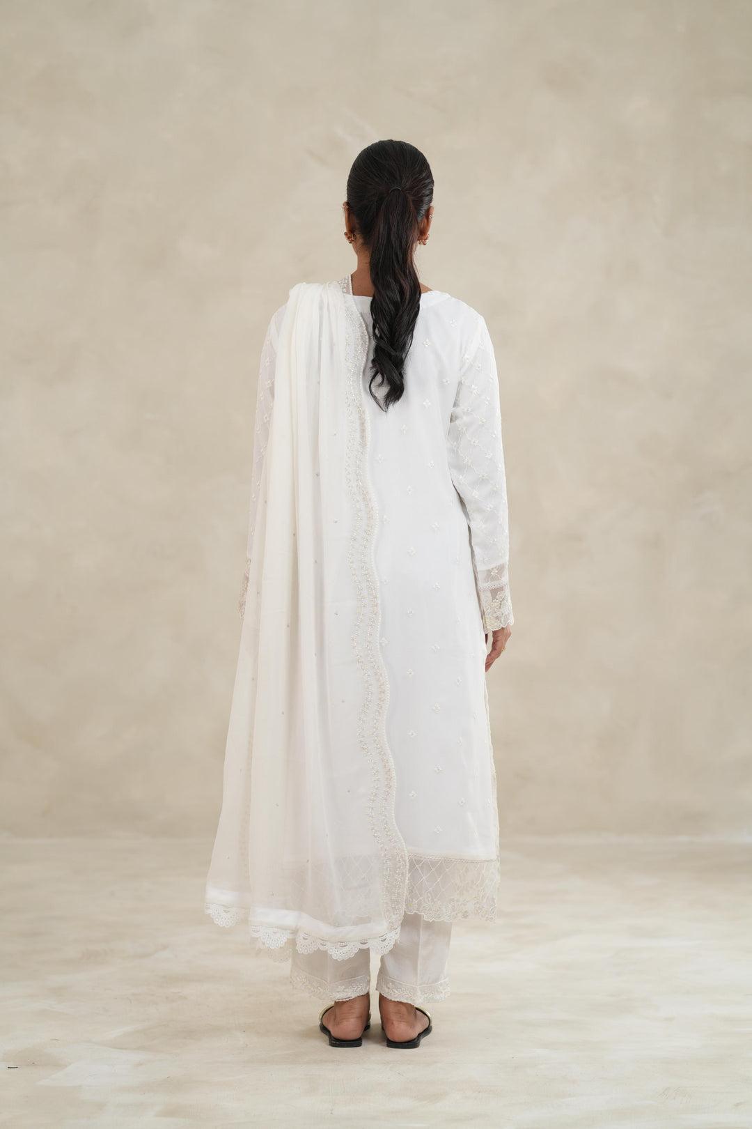 Embroidered Chiffon White Stitched Suit - Azure