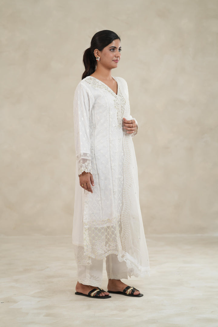 Embroidered Chiffon White Stitched Suit - Azure