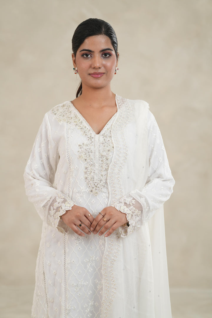 Embroidered Chiffon White Stitched Suit - Azure