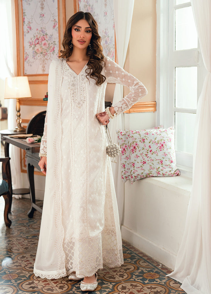 Embroidered Chiffon White Stitched Suit - Azure