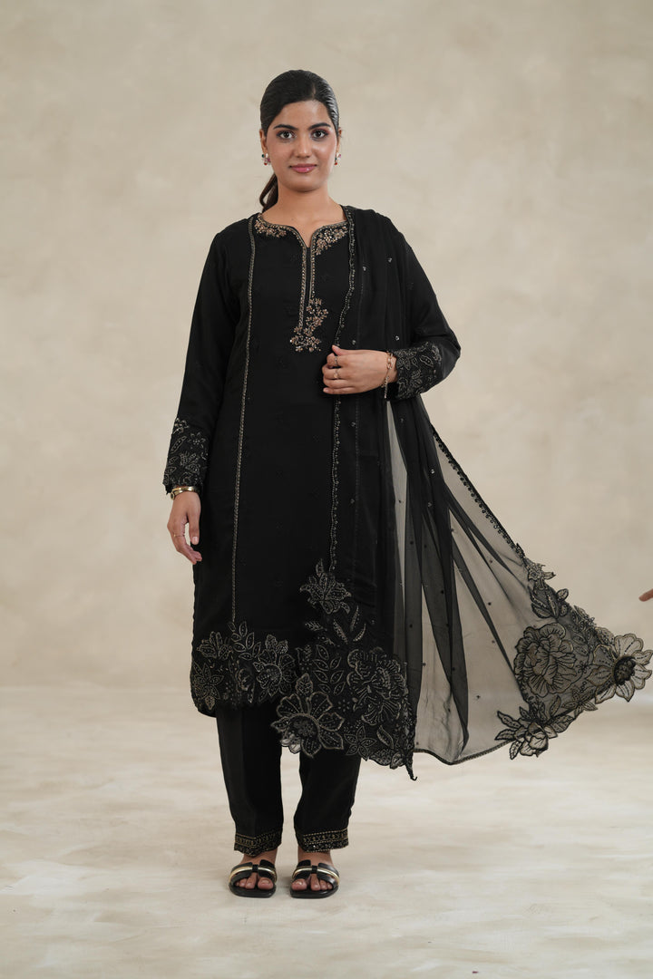 Embroidered Chiffon Black Stitched Suit - Azure