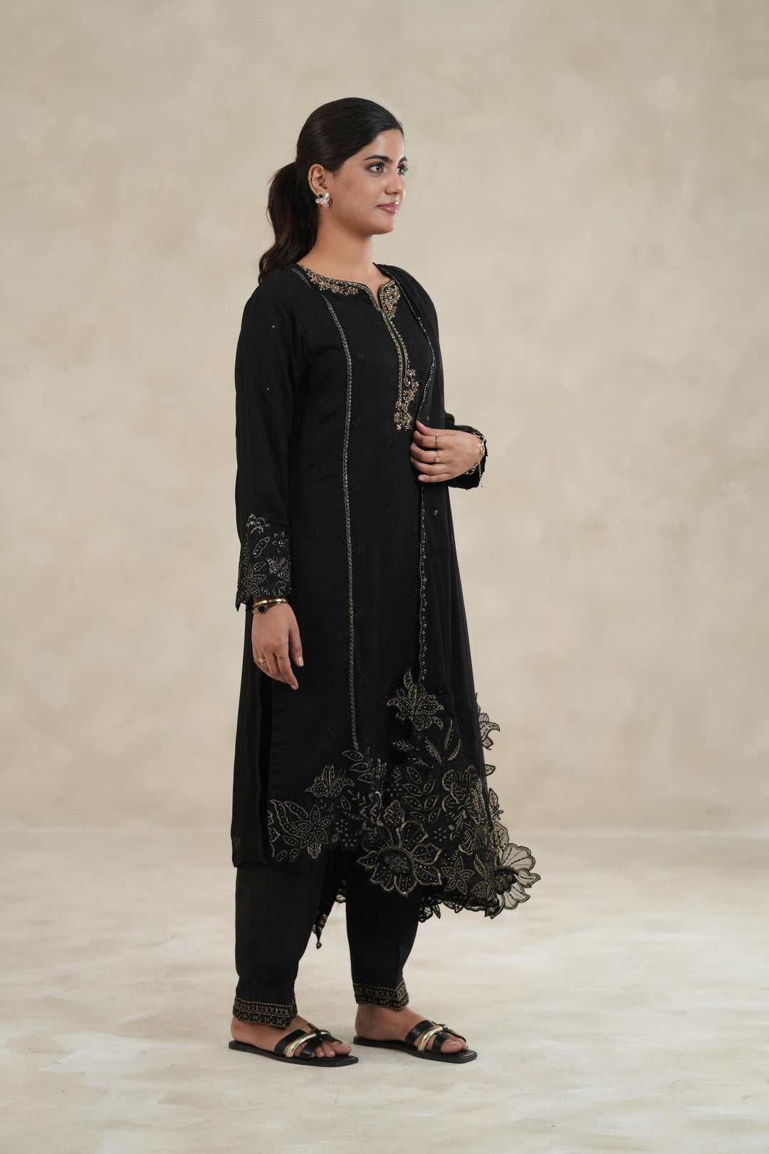 Embroidered Chiffon Black Stitched Suit - Azure
