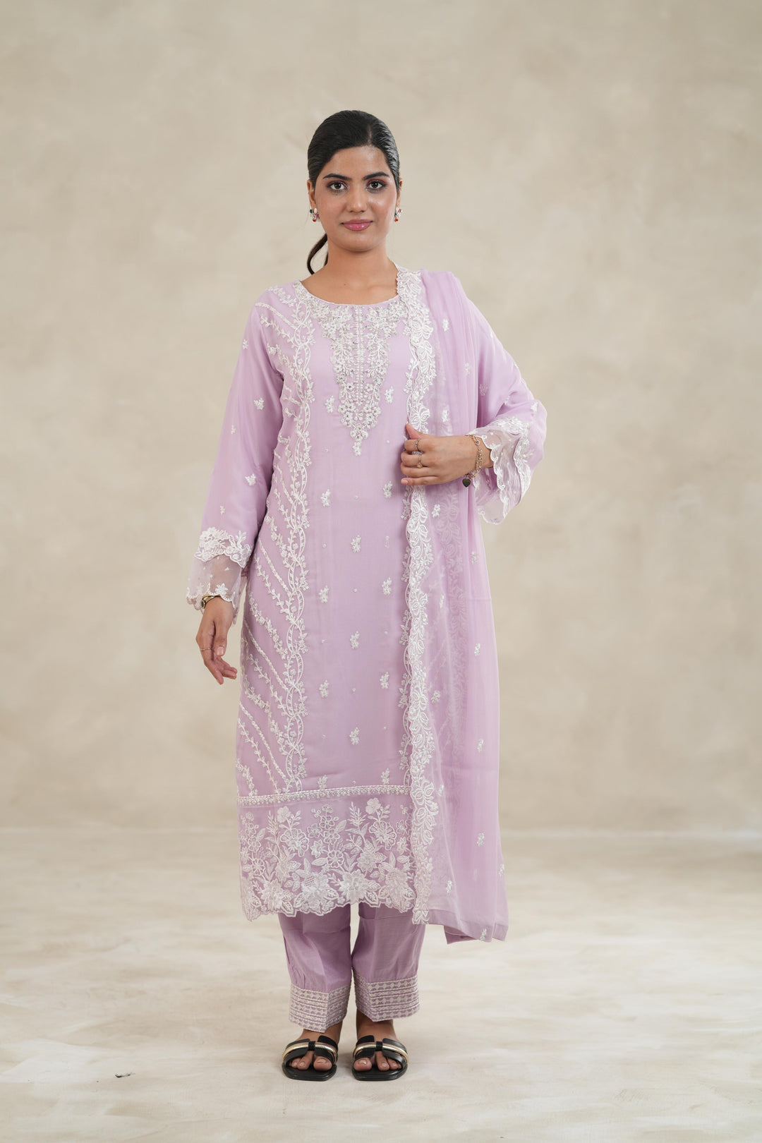 Embroidered Chiffon Lilac Stitched Suit - Azure