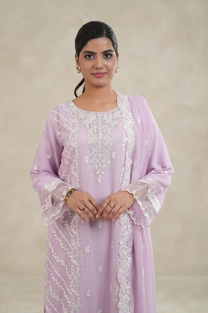 Embroidered Chiffon Lilac Stitched Suit - Azure