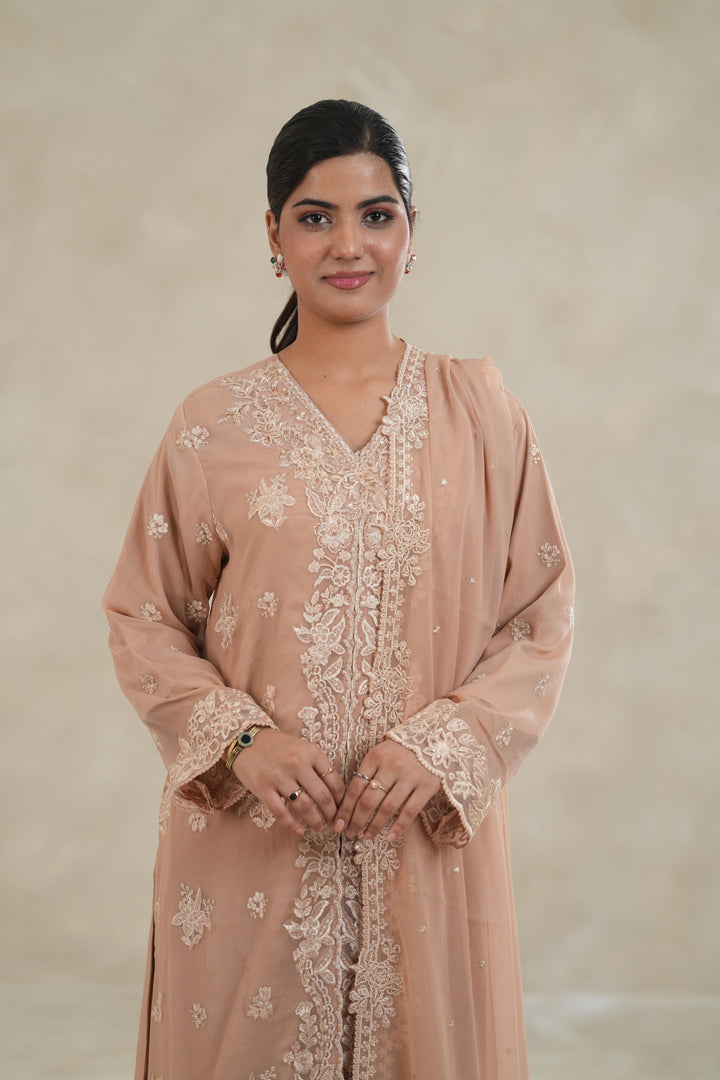 Embroidered Chiffon Tea Pink Stitched Suit - Azure