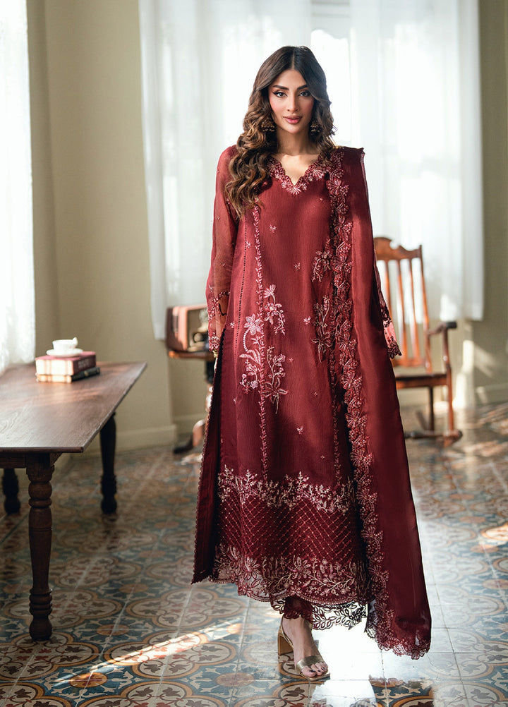 Embroidered Khaddi Net Maroon Stitched Suit - Azure