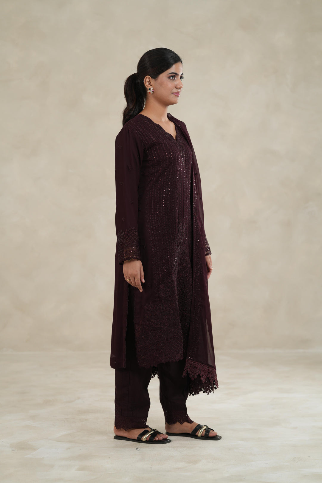 Embroidered Chiffon Burgundy Stitched Suit - Azure