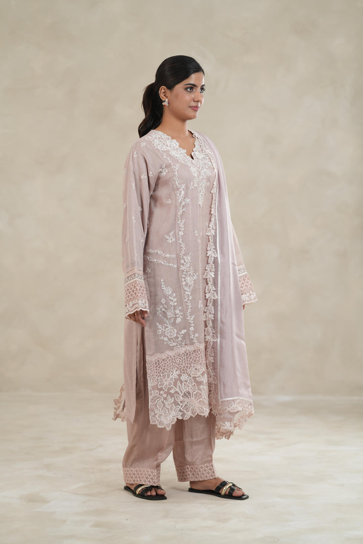 Embroidered Khaddi Net Pink Stitched Suit - Azure