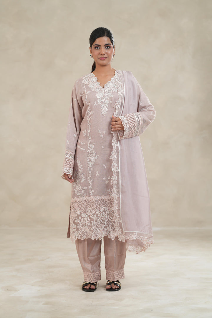 Embroidered Khaddi Net Pink Stitched Suit - Azure
