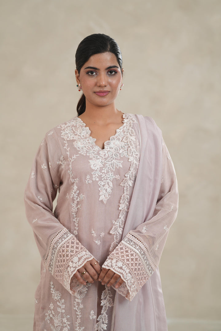 Embroidered Khaddi Net Pink Stitched Suit - Azure
