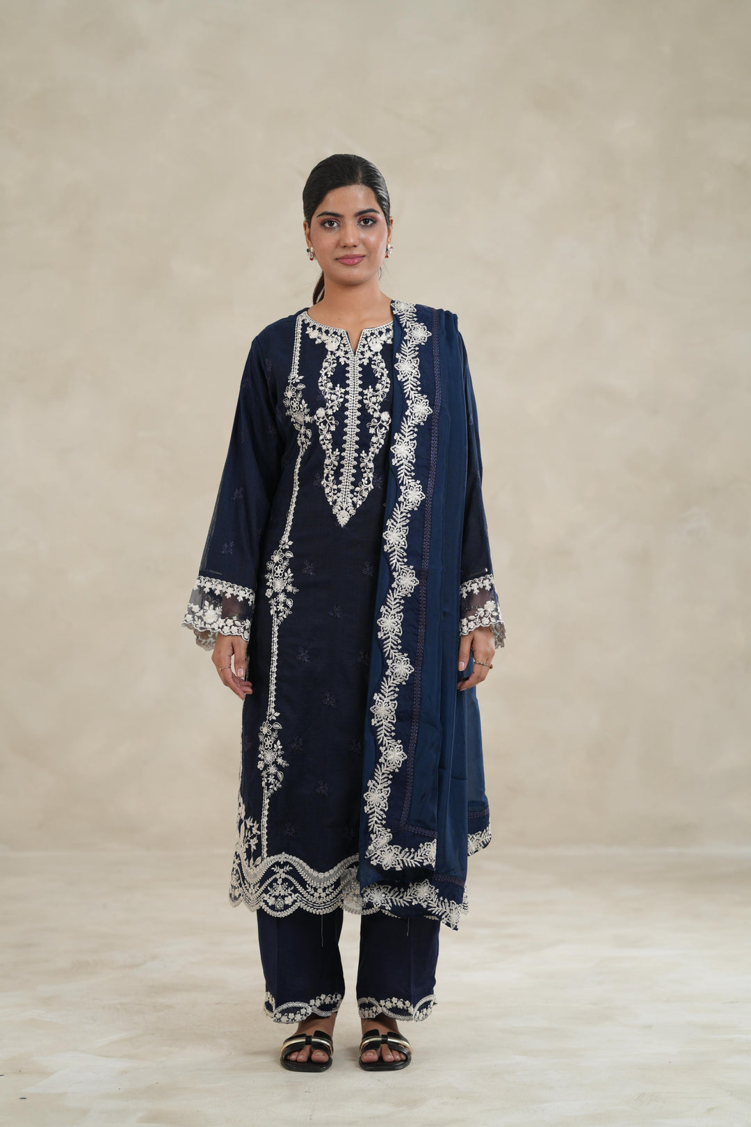 Embroidered Khaddi Net Navy Blue Stitched Suit - Azure