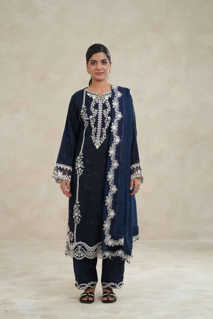 Embroidered Khaddi Net Navy Blue Stitched Suit - Azure