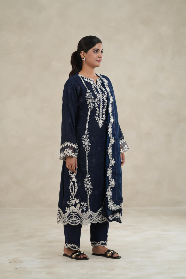 Embroidered Khaddi Net Navy Blue Stitched Suit - Azure