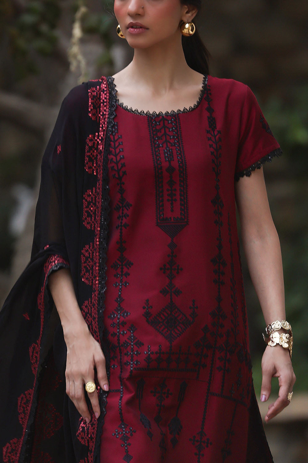 Embroidered Cotton Silk Maroon Stitched Suit - Gul Ahmed