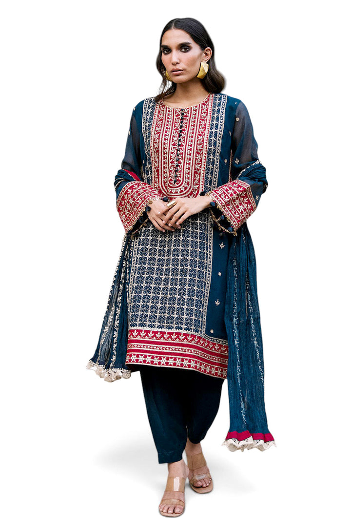 Embroidered Cotton Net Teal Stitched Suit - Gul Ahmed