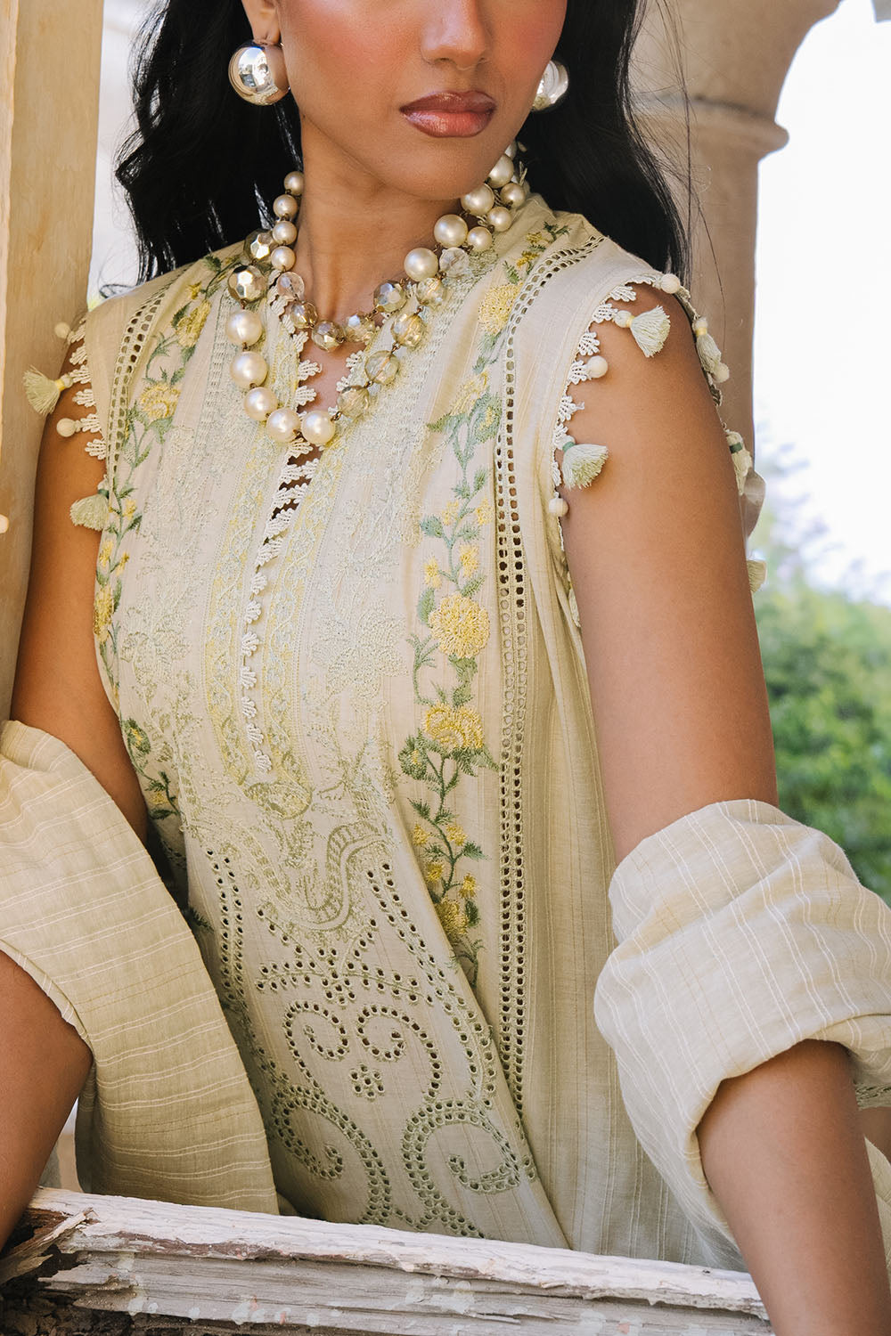 Embroidered Zari Stripe Green Stitched Suit - Gul Ahmed