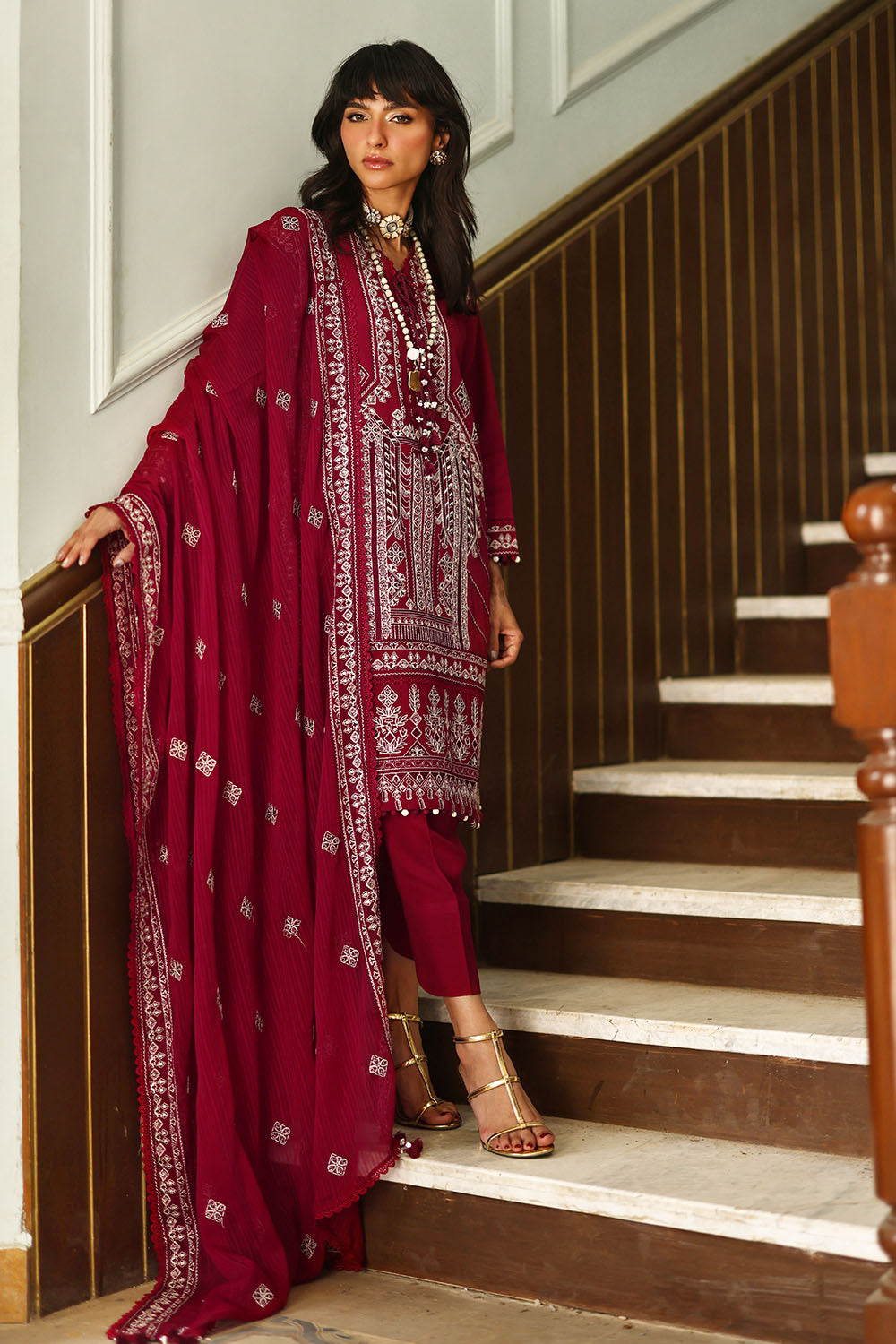 Embroidered Raw Silk Red Stitched Suit - Gul Ahmed