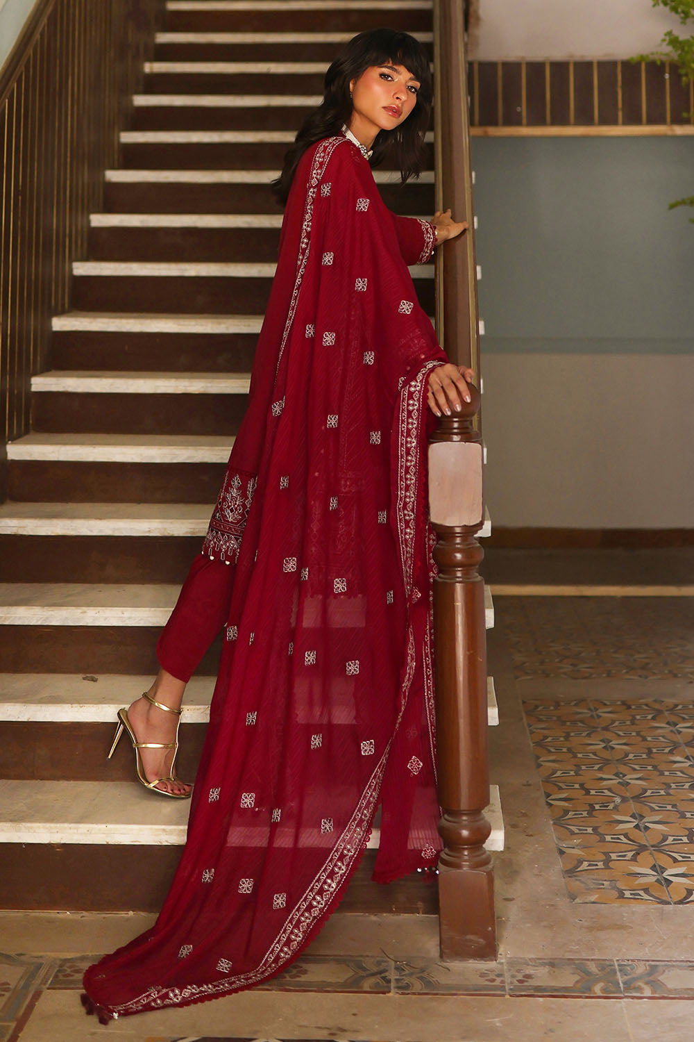 Embroidered Raw Silk Red Stitched Suit - Gul Ahmed