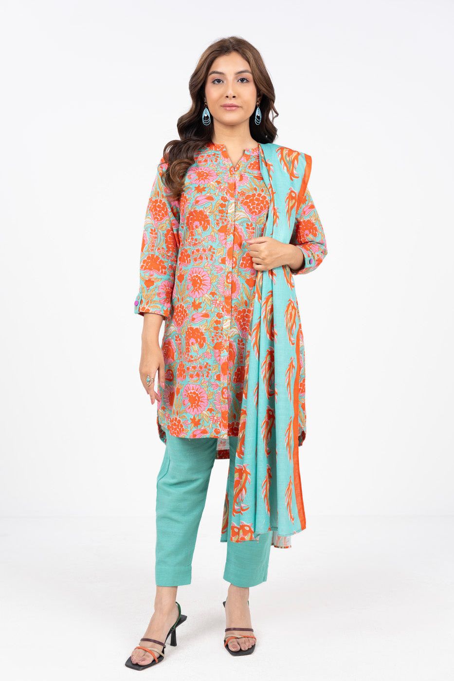 Printed Khaddar Orange Unstitched Suit - Alkaram