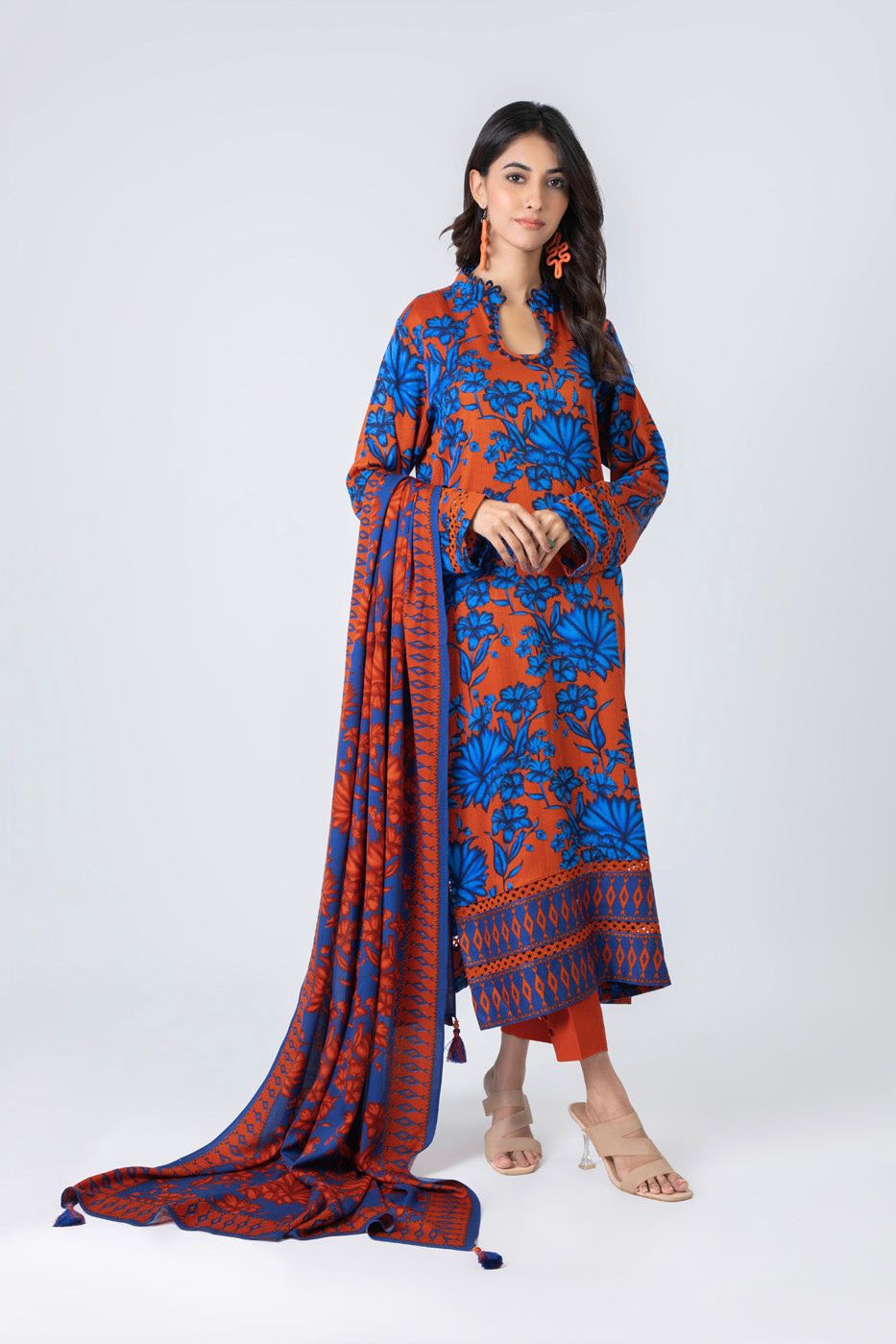 Printed Cotail Viscose Orange Unstitched Suit - Alkaram