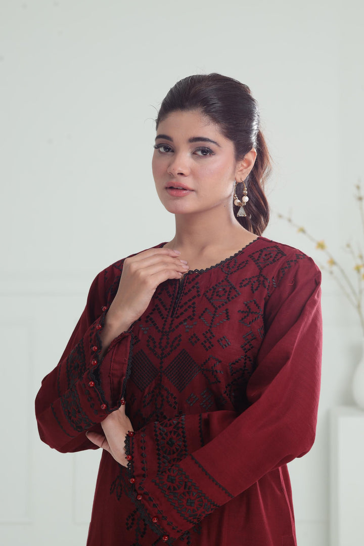 Embroidered Khaddar Maroon Stitched Suit - Alkaram