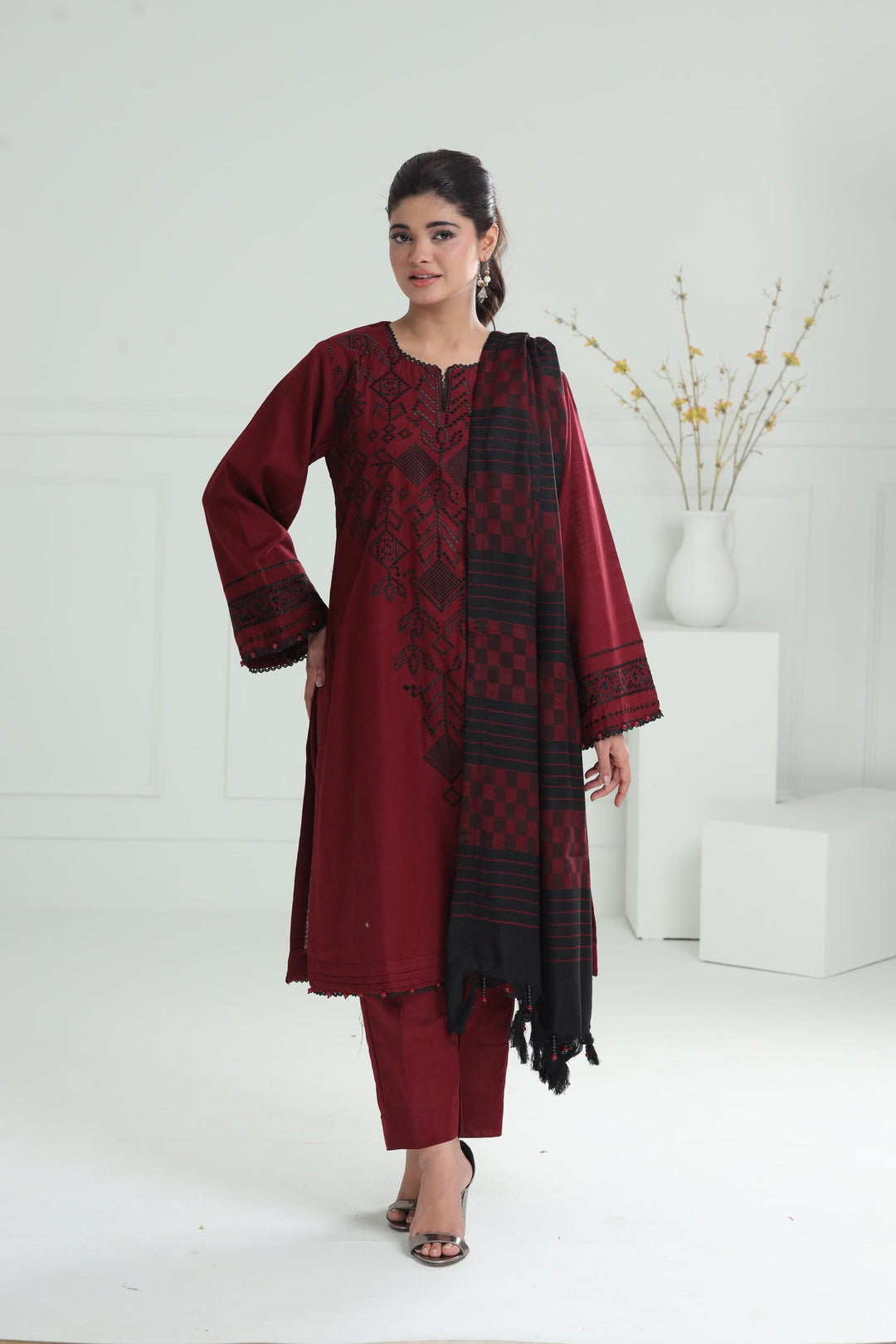 Embroidered Khaddar Maroon Stitched Suit - Alkaram