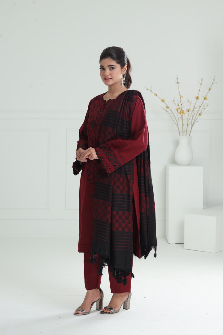 Embroidered Khaddar Maroon Stitched Suit - Alkaram
