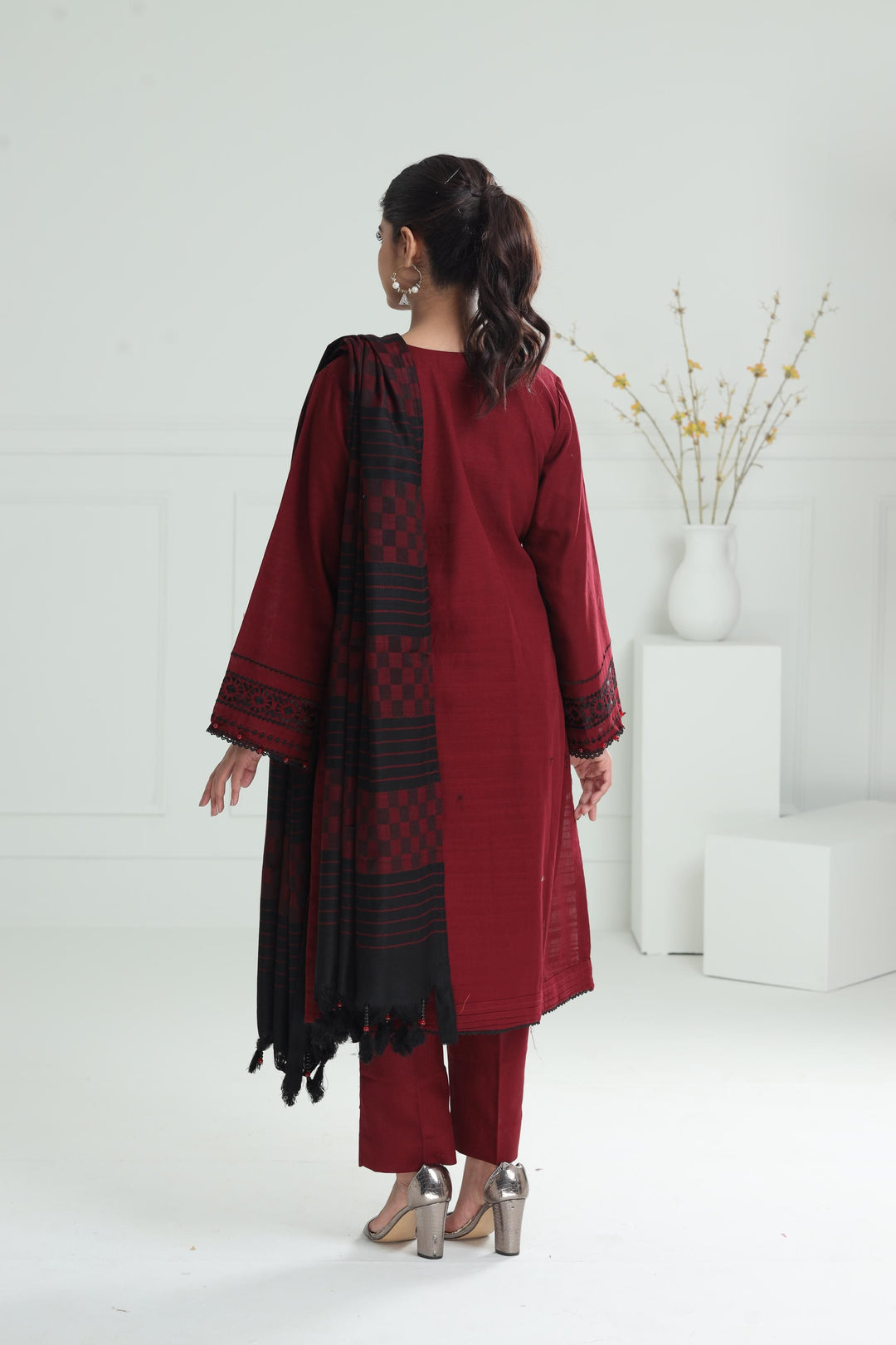 Embroidered Khaddar Maroon Stitched Suit - Alkaram
